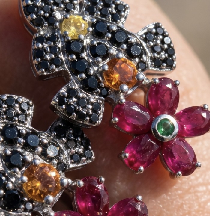 Rosalie 12.4 ctw Ruby .925 Sterling Silver dipped in rhodium handcrafted Statement earrings - Stone close-up of Rosalie 12.4 ctw Ruby .925 Sterling Silver jewelry