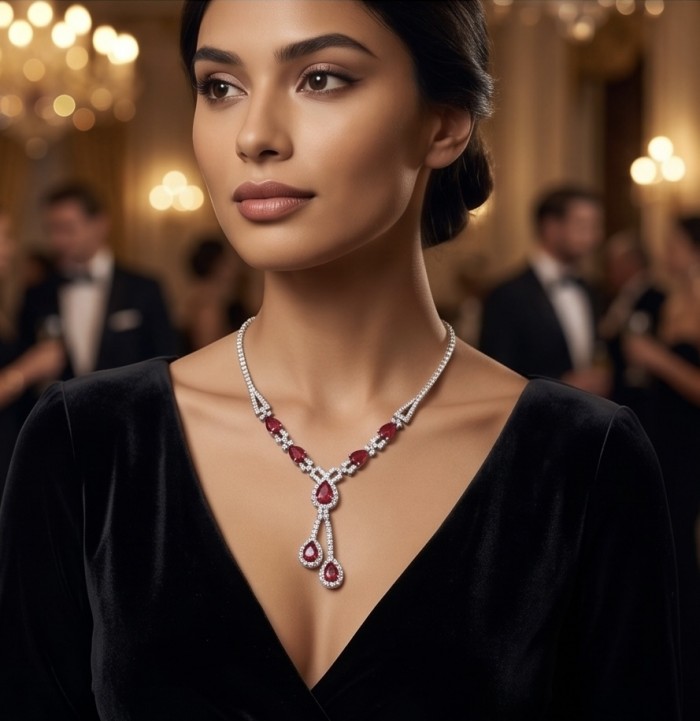 Royalty 12.2 carat Ruby .925 Sterling Silver .925 Sterling Silver Statement Necklace - Woman wearing Royalty 12.2 carat Ruby necklace, front view at gala.