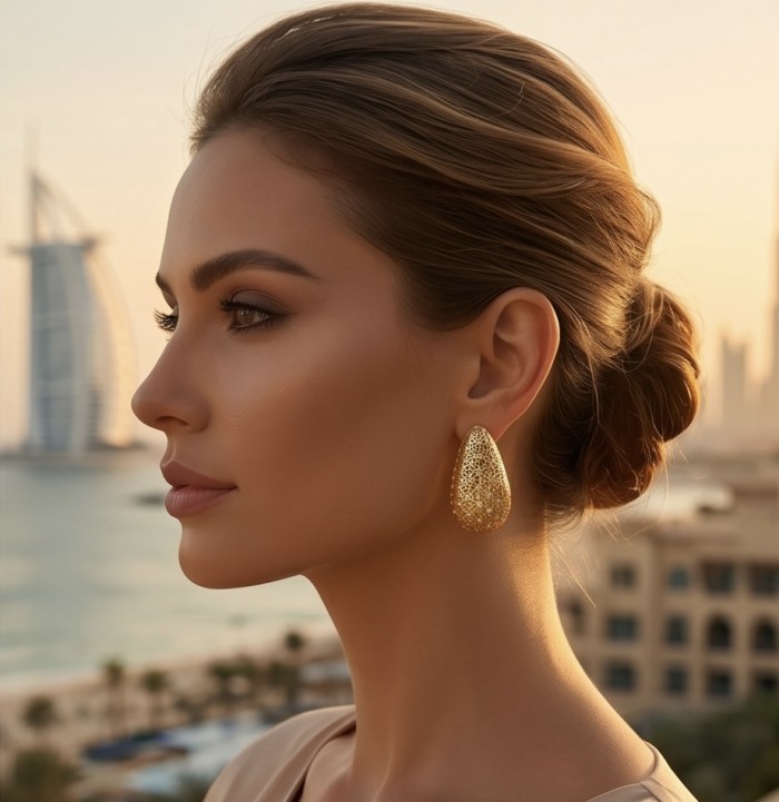Dubai Style - Golden fancy Drops .925 Sterling Silver dipped in 22K Gold handmade Earrings - Side view of golden drop earrings worn, Dubai skyline in background.