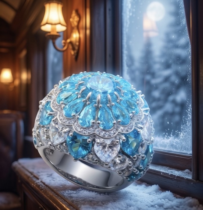 Blue Cascade Natural 14.8 carat Swiss Blue Topaz .925 Sterling Silver dipped in rhodium handmade Large Statement Ring size 7 1/4 - Blue topaz ring close-up on snowy windowsill, Swiss blue stones sparkling.