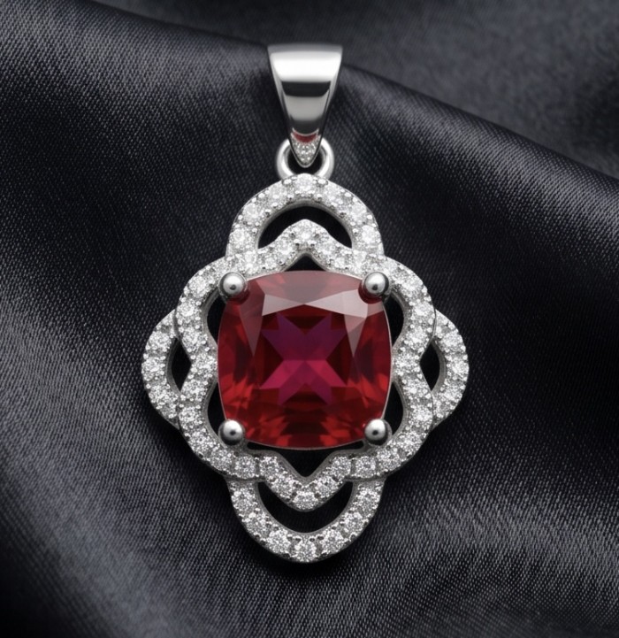 Authentic 6.5 CARAT Ruby .925 Sterling Silver Pendant - Close-up of ruby pendant with diamond accents on black silk background.