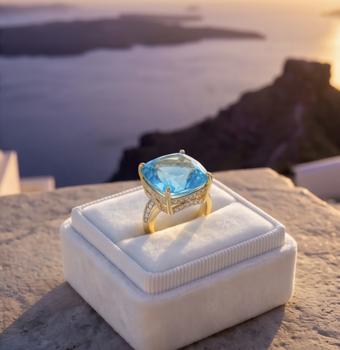 Paradise 35.8 carat Swiss Blue Topaz .925 Sterling Silver dipped in 22K Gold handmade Large Statement Ring size 6 - Side view of Swiss Blue Topaz ring on a white box at sunset.