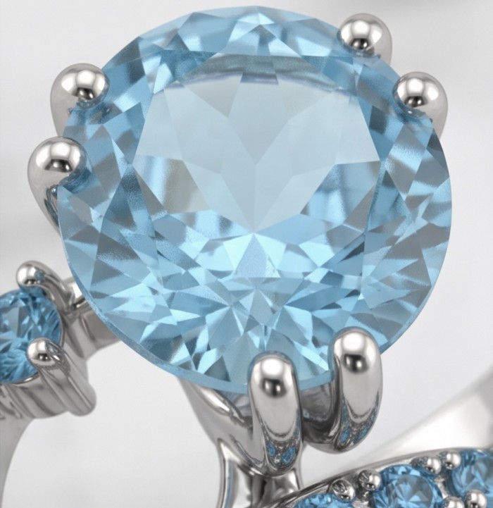 Atlantica 4.8 carat Swiss Blue Topaz .925 Sterling Silver dipped in rhodium handcrafted ring size 7 - Close-up of Swiss Blue Topaz in sterling silver setting.