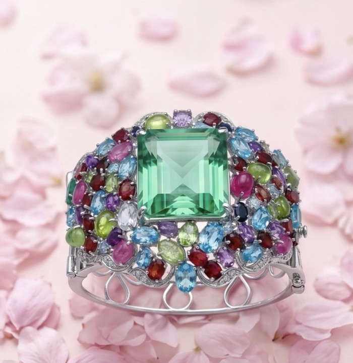 Abundance of Blessing Authentic 42.9 Apatite multigems .925 Sterling Silver handmade bangle Bracelet - Apatite multigem bracelet with floral background, top view.