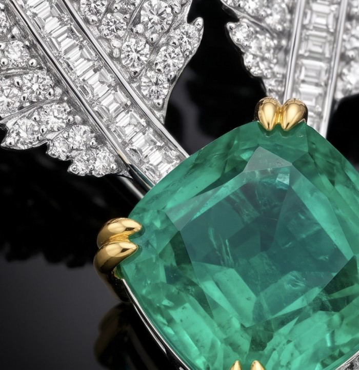 Wearable Art - Black Label Collection - Retro Style - Genuine assher cut 6.5 carat Colombian Emerald 2 tones .925 Sterling Silver handmade Brooch - Emerald and diamond brooch close-up, showcasing exquisite details.