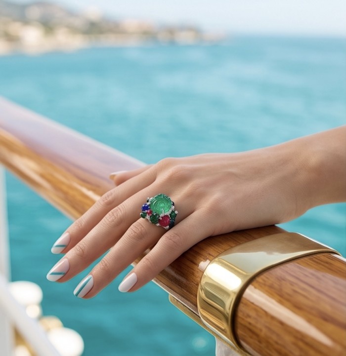 Large Natural 41.5 carat carved Emerald Ruby Sapphire rhodium over .925 Sterling Silver handcrafted ring size 8 1/4 - Hand wearing 41.5 carat emerald, ruby, sapphire ring by the ocean.