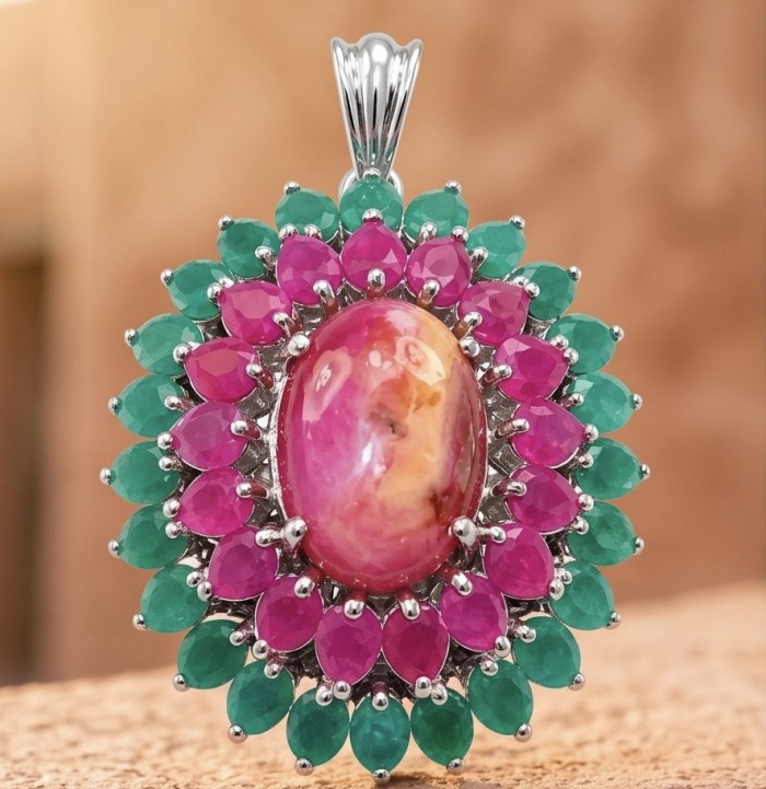 Carmen - authentic 22.5 carat Star Ruby rhodium over .925 Sterling Silver handcrafted Pendant - Star Ruby pendant close-up with pink and green stone accents