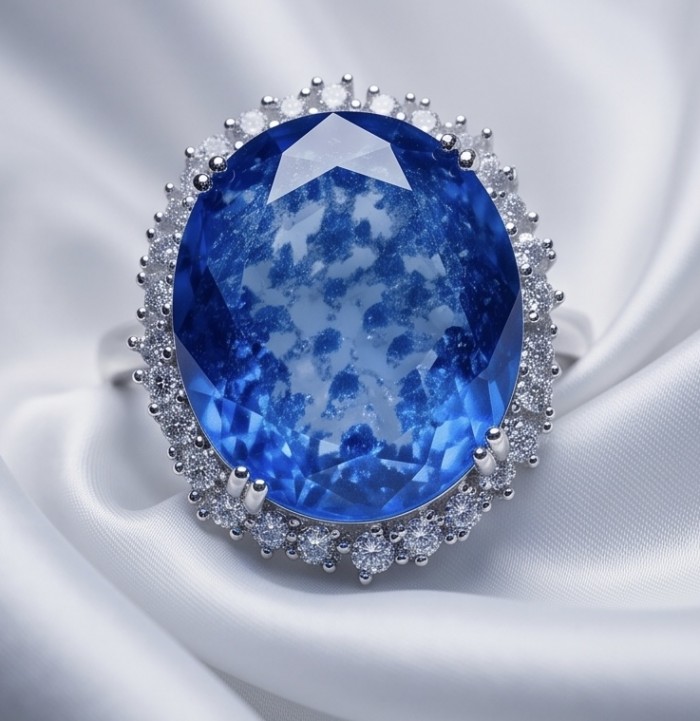 Angelina 14.9 carat authentic Swiss Blue Topaz .925 Sterling Silver Handcrafted Ring size 7 - Close-up of Angelina 14.9 carat Swiss Blue Topaz ring on fabric.