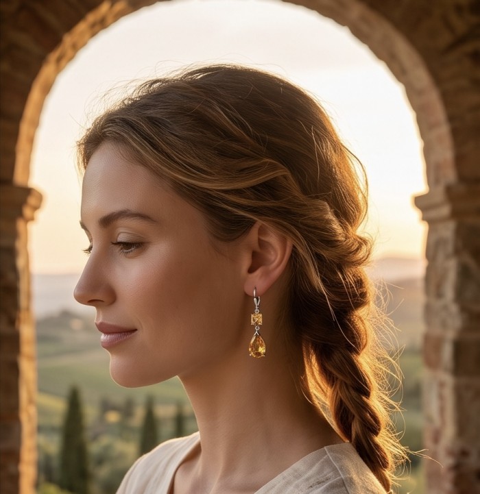 Victoria Authentic 14.5 carat Brazilian Citrine .925 Sterling Silver brilliantly handcrafted Statement earrings - Side view of citrine earrings worn, showcasing 14.5 carat Brazilian stone.