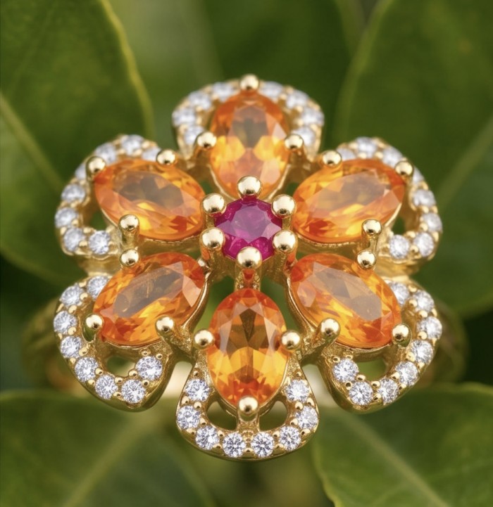 Flower 4.2 carat Brazilian Citrine 18K Gold over .925 Sterling Silver handcrafted ring; s. 6 1/4 - Close-up of flower-shaped Brazilian Citrine ring in 18K gold.
