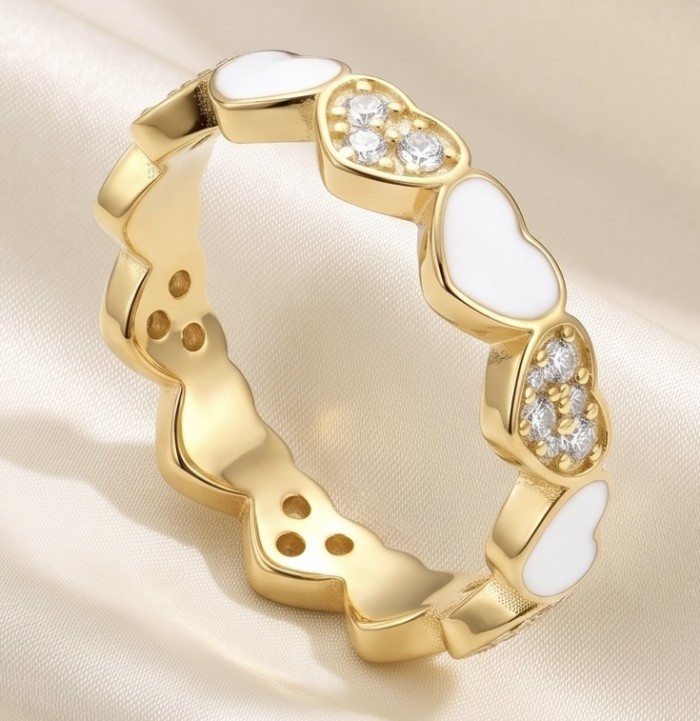 LOVE IS FOREVER Natural WHITE Enamel .925 Sterling Silver Huge handcrafted Ring s. 8 1/2 - Gold heart ring with white enamel and stones, top view on satin background.