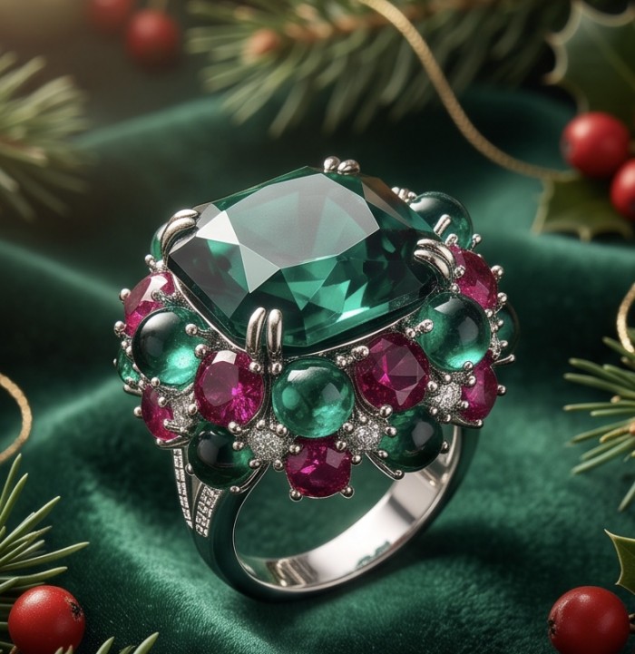 Natural 41.5 carat carved Emerald Ruby Sapphire rhodium over .925 Sterling Silver handcrafted ring size 7 1/4 - Close-up of emerald ruby sapphire ring on velvet with festive decor