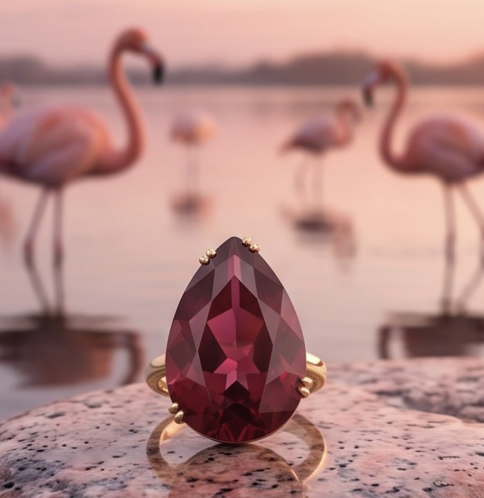 Carmen Natural 25.4 carat Ruby .925 Sterling Silver dipped in 22K Gold handmade Large Statement Ring size 8 - Close-up of Carmen 25.4 ct ruby ring with flamingos in background