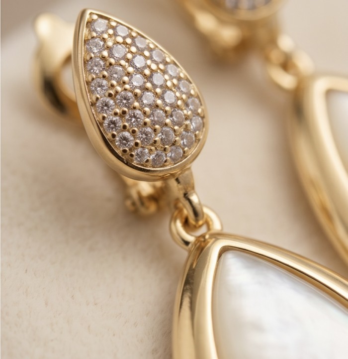 Top quality Sublime Blister Pearl 22K Gold over .925 Sterling Silver handcrafted Earrings - Close-up of gold and pearl earrings with diamond details