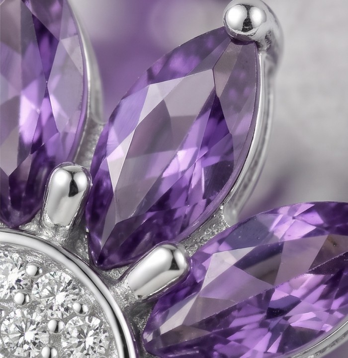 Authentic 4.5 carat Brazilian Amethyst rhodium over .925 Sterling Silver handcrafted Statement Pendant - Close-up of Brazilian Amethyst stones set in rhodium over .925 silver.