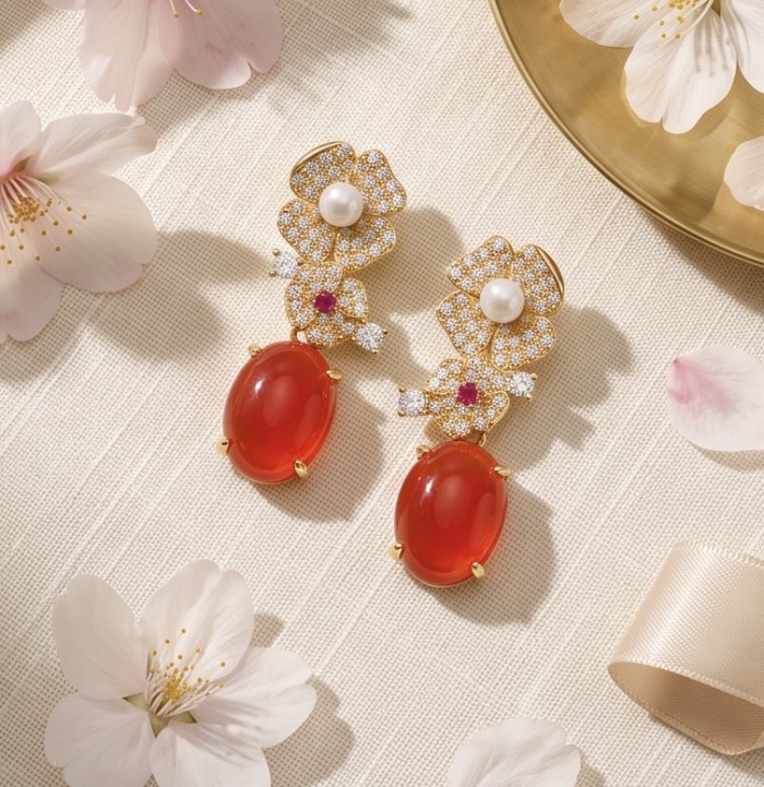 Luxurious 12.9 carat natural Mozambique Ruby 18K Gold over .925 Sterling Silver handcrafted earrings - Elegant drop earrings with rubies and pearls on floral background