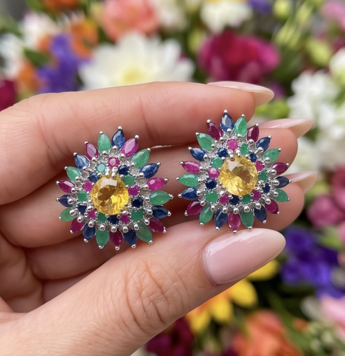 Victoria Authentic 15.5 carat Brazilian Citrine .925 Sterling Silver brilliantly handcrafted Statement earrings - Close-up of floral earrings with colorful gemstones in hand.