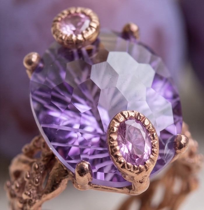 Purple ODYSSEY - Top quality 14.5 carat Amethyst .925 Sterling Silver dipped in 18K Gold Handcrafted Ring size 8 - Close-up of 14.5 carat amethyst ring in .925 sterling silver.