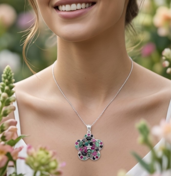 Deluxe 22.2 carat authentic Sapphire Emerald Ruby rhodium over .925 Sterling Silver handmade Statement Pendant - Necklace with gemstone flower pendant worn by model in garden setting.