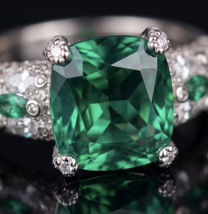 Luxurious asscher cut 10.9 carat Emerald .925 Sterling Silver rhodium over handcrafted Ring s. 6 3/4 - Close-up of luxurious 10.9 carat asscher cut emerald ring.