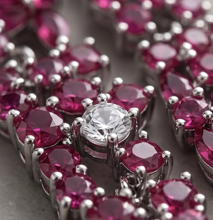 Carolyn 6.5 carat Mozambique Ruby rhodium over .925 Sterling Silver handcrafted pendant - Stone close-up of Carolyn 6.5 carat ruby and silver jewelry.
