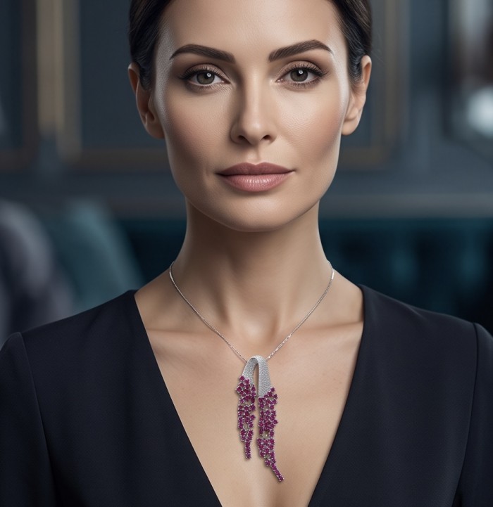Carolyn 6.5 carat Mozambique Ruby rhodium over .925 Sterling Silver handcrafted pendant - Woman wearing Carolyn 6.5 carat Mozambique Ruby necklace, front view.