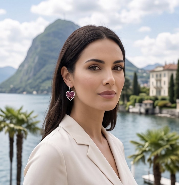 Precious Hearts - authentic 8.5 carat Mozambique Ruby .925 Sterling Silver dipped in rhodium handcrafted Statement Earrings - Woman wearing Precious Hearts 8.5 carat ruby earrings by a scenic lake