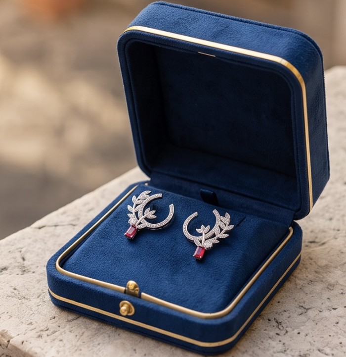 Giovanna - 2.5 carat Ruby .925 Sterling Silver handcrafted incredible earrings - Earrings in blue case, front view, with ruby and sterling silver detail.