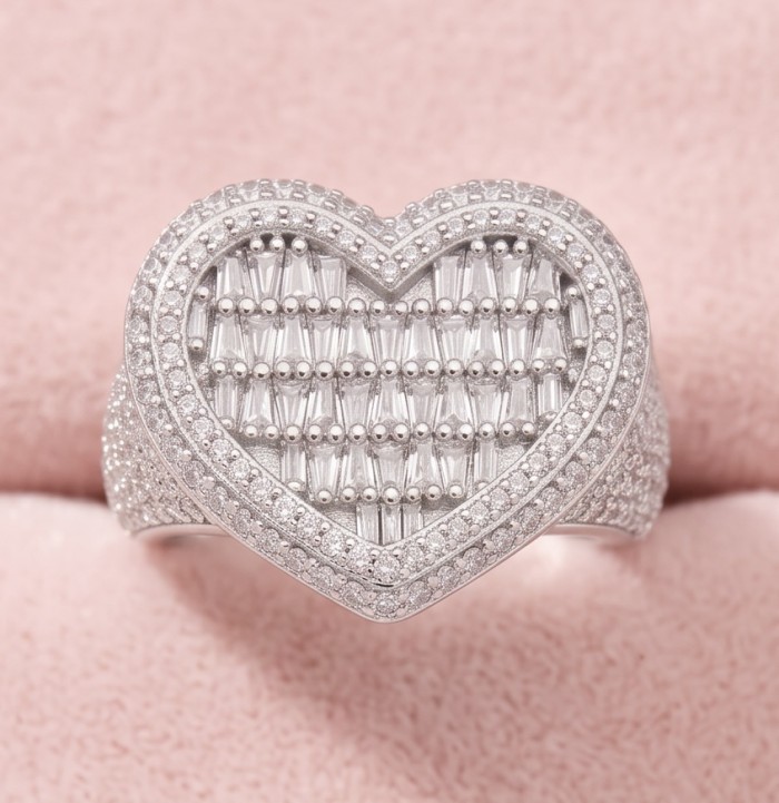 Art Deco Precious Heart - 10.5 carat White Sapphire .925 Sterling Silver Handcrafted Statement Ring size 7 1/4 - Heart-shaped white sapphire ring, front view against soft pink background.