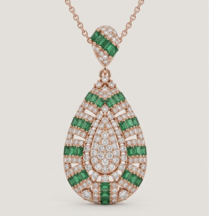 Isabella 4.2 carat oval cut Emerald 18K Rose Gold .925 Sterling Silver Perfectly handcrafted pendant - Pendant close-up: Emerald and diamond teardrop in rose gold setting.
