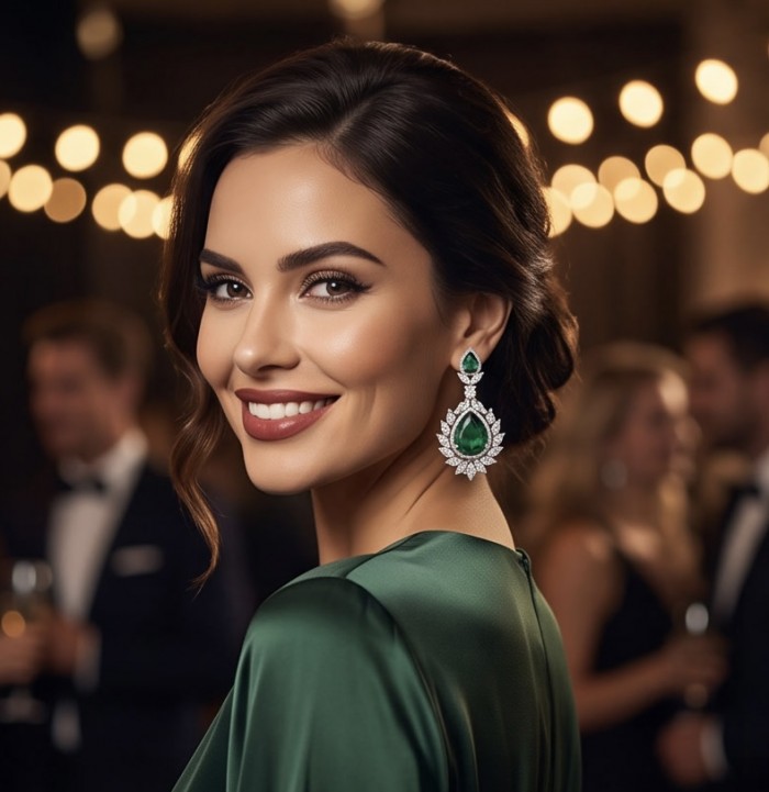 Magnificent Jewel 15.5 carat Colombian Emerald .925 Sterling Silver dippedin Rhodium handcrafted earrings - Woman wearing elegant emerald earrings at an event, side view.