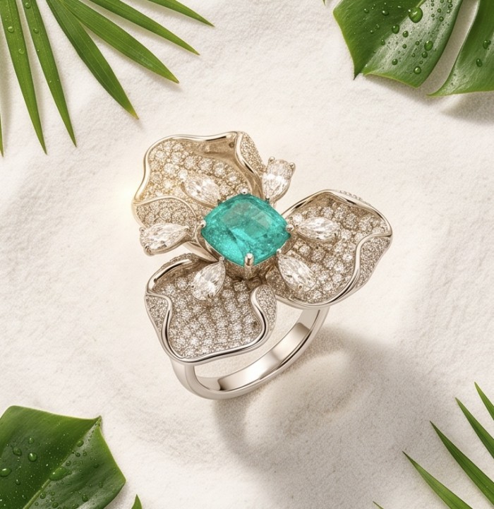 Elizabeth 4.8 carat Colombian Emerald 8.2 carat Moissanite .925 Sterling Silver dipped in Rhodium handcrafted Ring size 7 1/2 - Top view of floral ring with Colombian emerald and moissanite stones