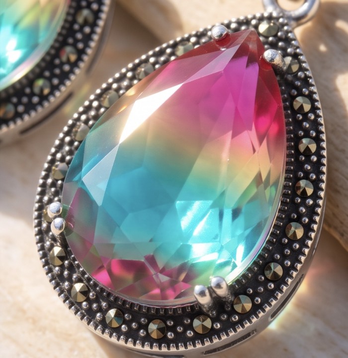 Rainbow authentic 25.5 carat Tourmaline rhodium over .925 Sterling Silver handcrafted Statement Earrings - Close-up of rainbow tourmaline in rhodium setting with marcasite accents.