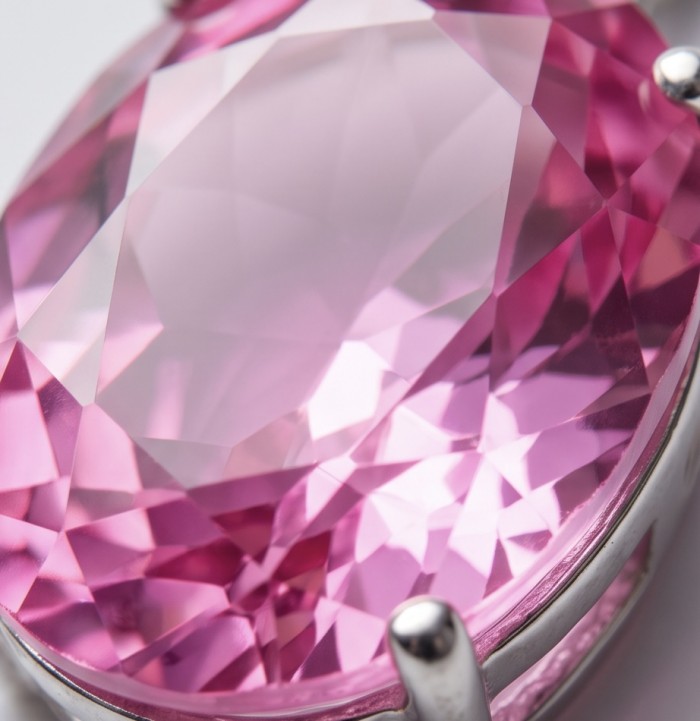 Incredible oval cut 26.8 carat Bubblegum Pink Sapphire .925 Sterling Silver handcrafted pendant - Close-up of a 26.8 carat oval cut Bubblegum Pink Sapphire in metal setting