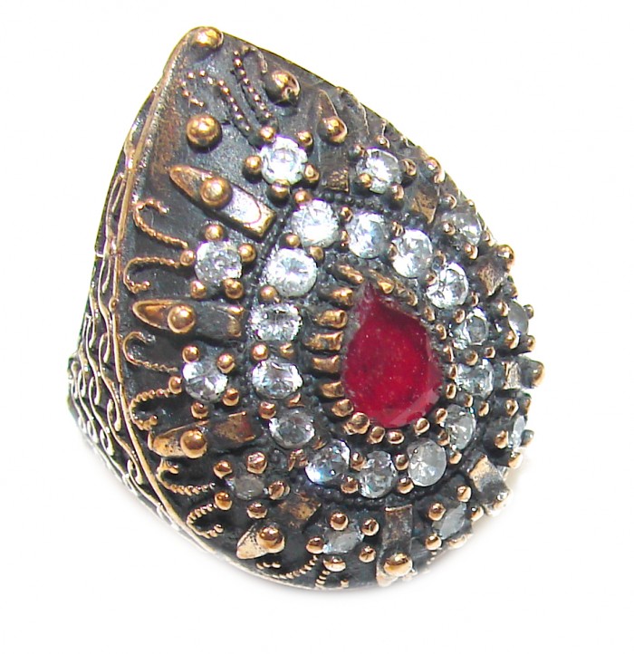 Victorian Style created Ruby & White Topaz Copper over Sterling Silver ring; s. 5 - photo 1