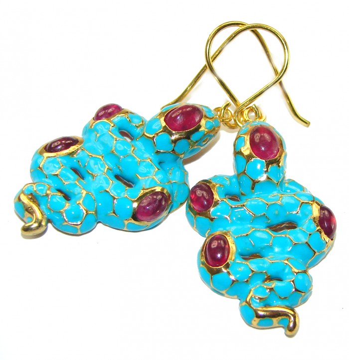 Blue Snakes Ruby turquoise Enamel 18K Gold over .925 Sterling Silver handcrafted earrings - photo 3