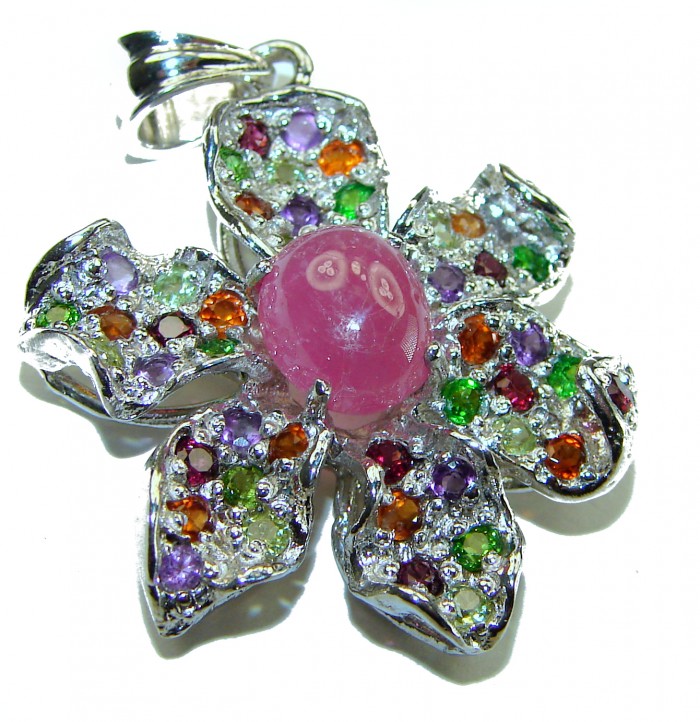 Unique Floral design 5.2 carat Ruby Tourmaline .925 Sterling Silver handmade Pendant - photo 2