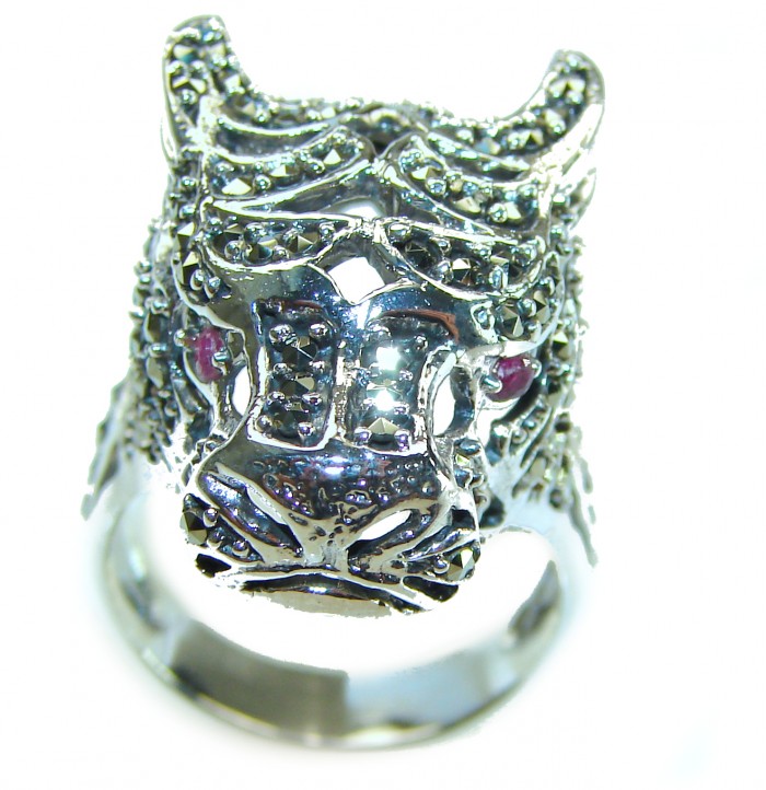 Panthère's Head Marcasite Ruby .925 Sterling Silver handcrafted Statement Ring size 10 - photo 3