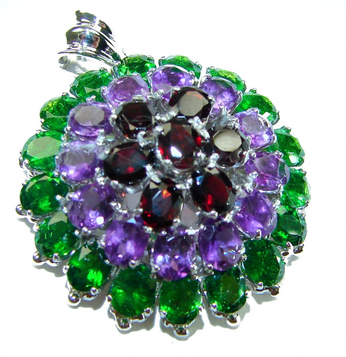 Power of Nature Very Unique 21.5 CARAT Multigem .925 Sterling Silver handcrafted pendant - Close-up of vibrant multigem pendant with green, purple, and red stones