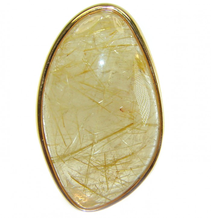 Incredible Design Golden Himalayan Rutilated Quartz 14K Gold over .925 Sterling Silver handcrafted ring size 5 3/4 - Close-up of golden rutilated quartz with 14K gold setting.