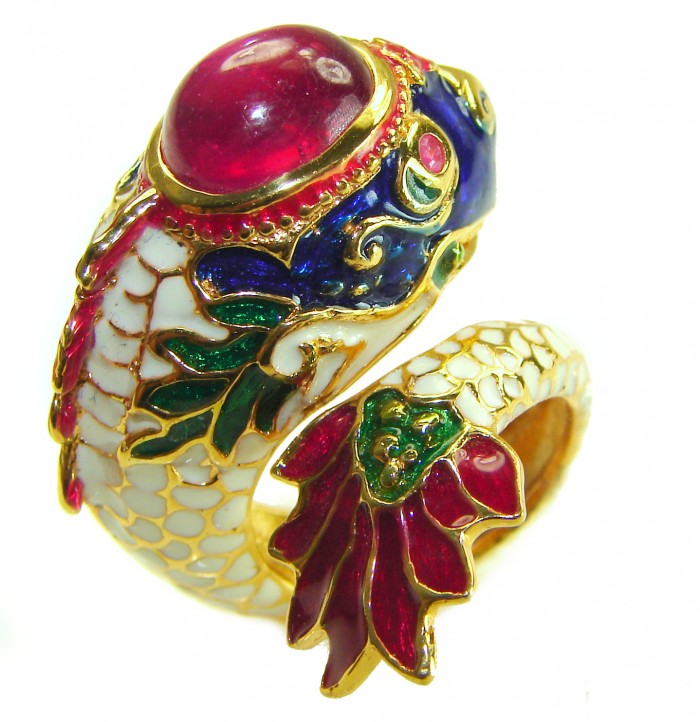 Large - Statement- Fish Enamel 9.8 CARAT Ruby 18K Gold over .925 Sterling Silver Huge handcrafted Ring s. 7 - Close-up of colorful fish ring with ruby and enamel accents.