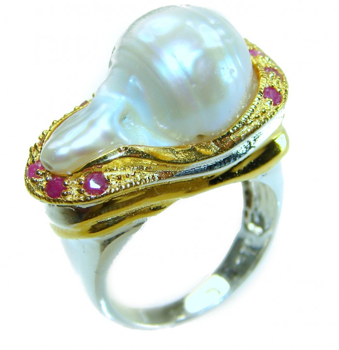 Huge Authentic rare Mother of Pearl Ruby 18K Gold over .925 Sterling Silver handcrafted ring; s. 7 - Side view of Mother of Pearl ring with rubies and 18K gold accents.