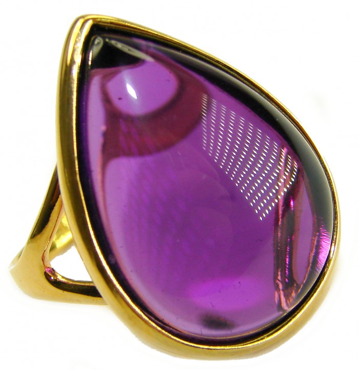 Purple Royalty 25.5 carat Amethyst .925 Sterling Silver dipped in 18K Gold over Handcrafted Ring size 9 - Close-up of Purple Royalty amethyst ring with gold frame.