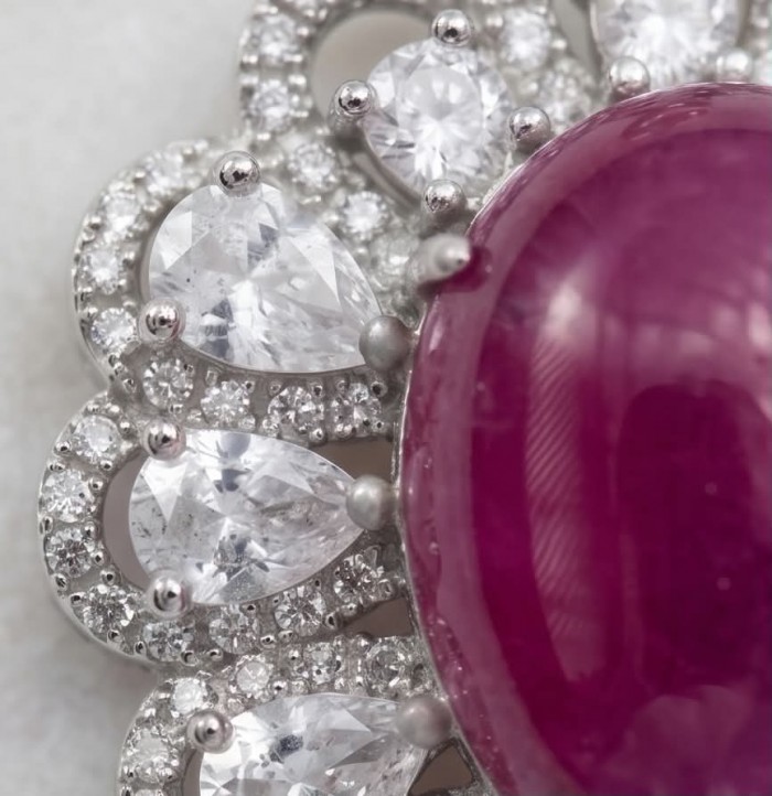 Rare 16.2 carat authentic Star Ruby rhodium over .925 Sterling Silver handmade Statement Pendant - Stone close-up of rare 16.2 carat Star Ruby rhodium over .925 jewelry.