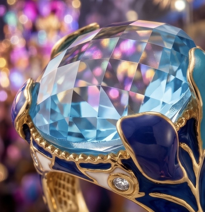 Dolce Vita 25.3 carat genuine Swiss Blue Topaz Enamel .925 Sterling Silver dipped in 22K Gold handcrafted Large ring size 8 1/4 - Close-up of Dolce Vita ring with 25.3 ct Swiss Blue Topaz and enamel accents