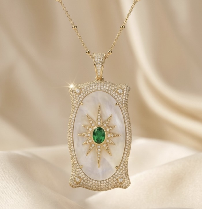 Precious Blister Pearl 2.4 carat Emerald 18K Gold over .925 Sterling Silver .925 Sterling Silver Necklace; 24 inches long - Pendant with emerald and pearl, front view, gold and diamond accents