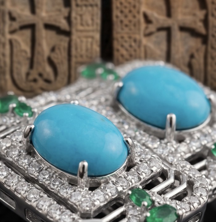 Art Deco - Pacifica - 108.8 carat Turquoise Emerald .925 Sterling Silver handmade Statement LONG Earrings - Close-up of turquoise and emerald jewelry with intricate detailing
