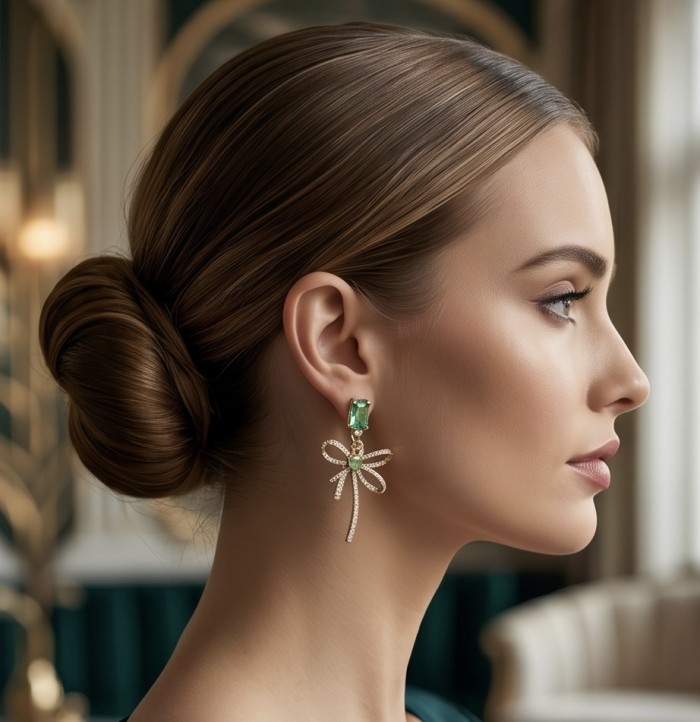 Luzurious 7.9 carat authentic Himalayan Peridot .925 Sterling Silver dipped in 14K Gold Handcrafted Statement Earrings - Side view of woman wearing Himalayan Peridot earrings