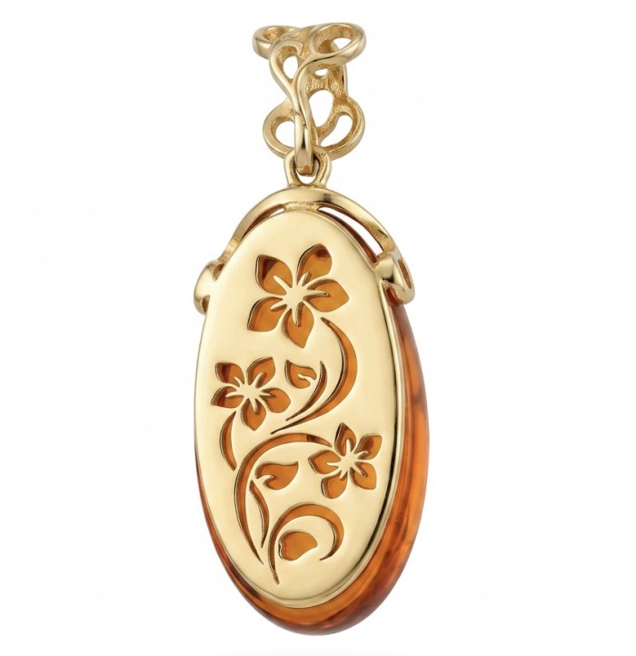 Prehistoric Authentic Golden Baltic Amber 14K Gold over .925 Sterling Silver beautifully handcrafted Pendant - Golden floral Baltic amber pendant, side view, intricate swirl design