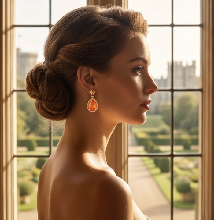 Summer Exuberance natural 10.5 carat Orange Carnelian 22K Gold over .925 Sterling Silver handmade earrings - Side view of 10.5 carat Orange Carnelian 22K Gold earring worn.